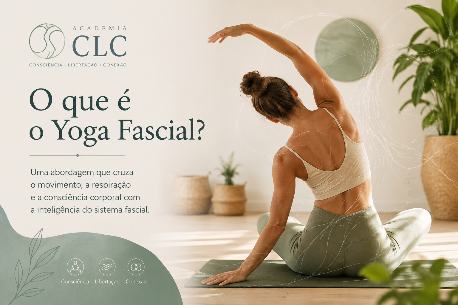 Mulher a praticar Yoga Fascial, explorando um movimento lateral com consciência corporal e respiração.