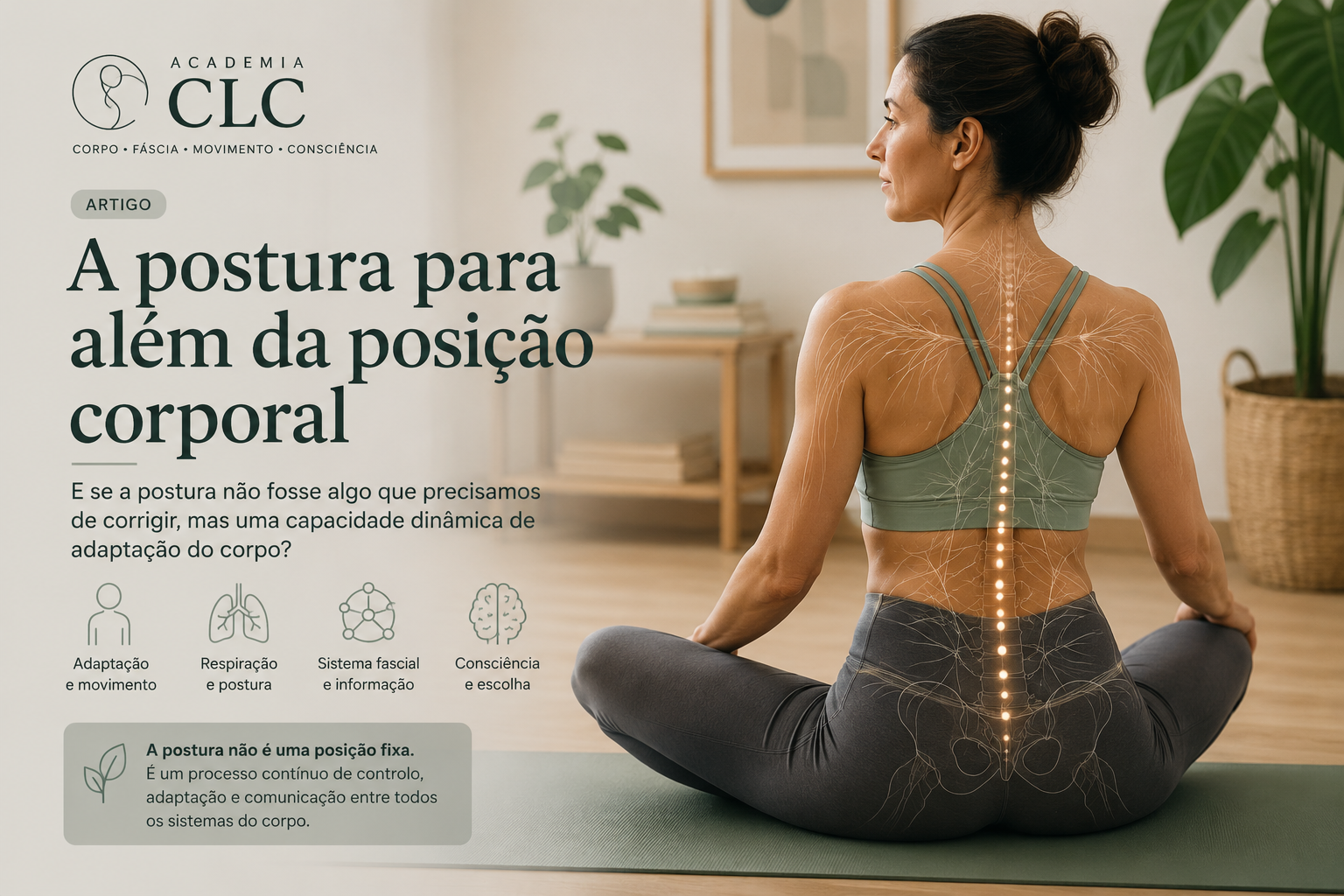 Mulher sentada num tapete de Yoga, vista de costas, com representação gráfica da coluna e da rede fascial do corpo.